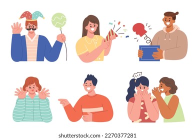 April fool's day - People play tricks and surprised on each other for fun. Flat cartoon style vector illustration isolated on white background.