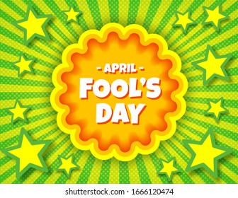 April Fool's Day pop art comic banner template. Vector funny postcard. Decorative swirl stripes background for april fool's holiday bright juicy colors. For posters, flyers, social media.