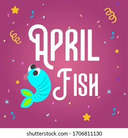 April fools day poster. Blue fish cartoon - Vector