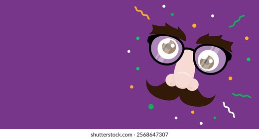 April Fools' Day poster design. Funny glasses with eyebrows, nose and mustache. Vector illustration