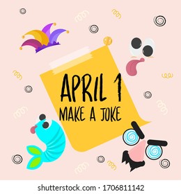 April fools day poster. Harlequin hat, joke mask, fish cartoon, cartoon expression - Vector