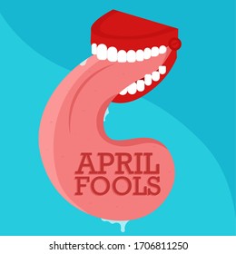 April Fools Day Poster. Joke Teeth With A Tongue - Vector