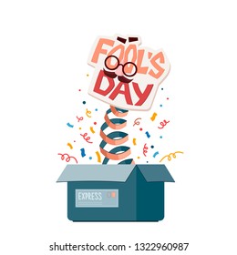 April Fool's day poster. Postal box with comic surprise. Vector illustration isolated on white