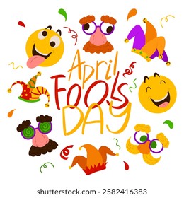 April Fool's Day poster template. Vector Illustration with hand writing lettering, disguise glasses, jester's hat, emoji. Party invitation. Flyer, poster, brochure, card, banner