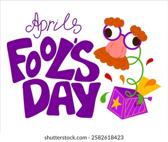 April Fool's Day poster template. Vector Illustration with hand writing lettering and hand drawn jack in the box springing out of a box. Party invitation. Flyer, poster, brochure, card, banner