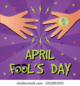 April fool's day prank poster vector illustration. April 1. Electric handshake prank. Goofy eyes typography