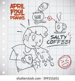 April Fools' Day prank of salt coffee planned in a squared paper with man being pranked in doodle style.