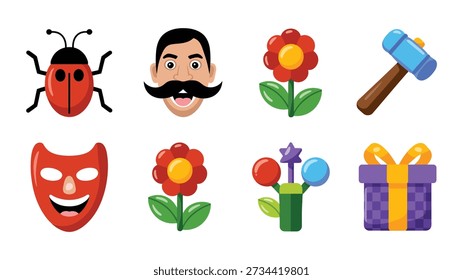 April fools day prank vector icon set with mustache disguise, drama mask, ladybug, flowers, hammer, wrapped gifts, fun celebration