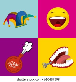 april fools day related icons over colorful squares. vector illustration