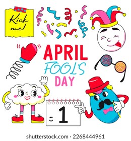 April fools day. Retro cartoon. Set with funny figures, clown hat, confetti and calendar 1 April. Ideal for card, banner, poster, social media, postcard, web. Vector