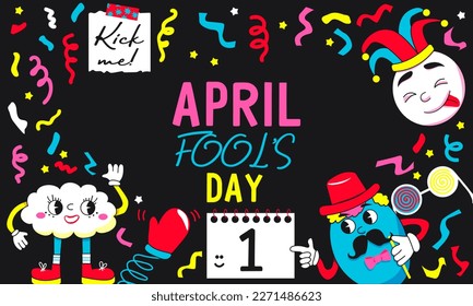 April fools day. Retro cartoon. Border with funny figures,  confetti and calendar 1 April. Ideal for card, banner, poster, social media, postcard, web. Vector