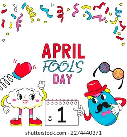 April fools day. Retro cartoon. Border with funny figures,  confetti and calendar 1 April. Ideal for card, banner, poster, social media, postcard, web. Vector