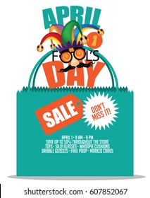 April Fools Day Sale Jester Hat, Silly Glasses And Mustache Marketing Template With Copy Space. EPS 10 Vector. 
