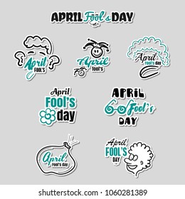 April fools day. Set of funny stickers for 1st April. Vector illustration