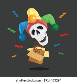 April fools day skull clown come out from the box. vector background	