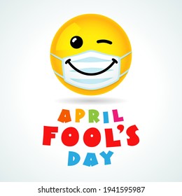 April Fools Day with smile winking in medical mask. Colorful lettering text for celebration design or greeting card. Vector illustration