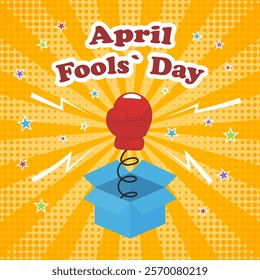 April Fools' Day square festive banner. Boxing glove on spring. Prank concept. Vector illustration