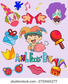 Conjunto de pegatinas del Día de los Inocentes con personajes divertidos, caras de payaso, chico bufón con cojín de whoopee y coloridos Elementos de fiesta de broma.