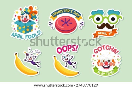 April Fools Day Sticker Set with Clown Pranks and Funny Jokes