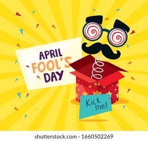 april fools day with surprise box and crazy mask vector illustration design