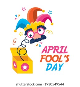 april fools day surprise box with comic face. vector illustration