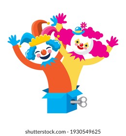 april fools day surprise box with clowns. vector illustration