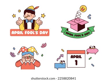 April Fool's Day symbolic label design. characters and icons.