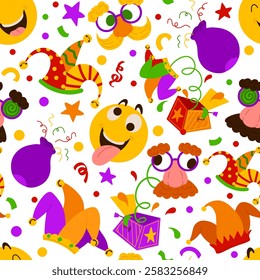 April Fool's Day symbols vector seamless pattern. Bright background with mask, emoji, jester's hat, jack in de box. Backdrop for Joke Day isolated on white for wrapping, textile, print, web