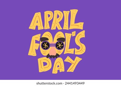 April fools day text card. Holiday banner. Happy face vector hand drawn with handwritten lettering flat illustration.