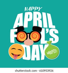 April Fools Day text, emoticon, whoopee cushion and funny glasses design. EPS 10 vector 