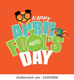 April Fools Day text, emoticon, whoopee cushion and funny glasses design. EPS 10 vector 