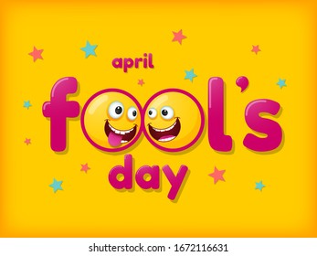 April Fools Day text and funny funny faces. Vector illustration.
