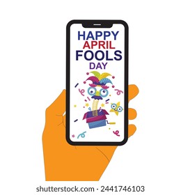 April fools day typography display on mobile screen with hand illustration April fools day cellphone technology display. Isolated on a white background. vector illustration