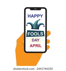 April fools day typography display on mobile screen with hand illustration April fools day cellphone technology display. Isolated on a white background. vector illustration