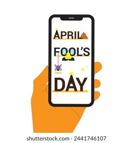 April fools day typography display on mobile screen with hand illustration April fools day cellphone technology display. Isolated on a white background. vector illustration