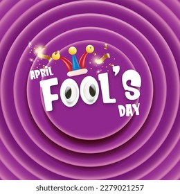 April fools day vector banner with funny clown hat and greeting text isolated on comic violet background. April fools day label, sticker and funky poster design template. Fools day logo and icon