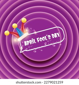 Abril es un banner vectorial del día del tonto con sombrero de payaso gracioso y texto de saludo aislado en fondo violeta cómico. Abril es una plantilla de diseño de etiquetas, pegatinas y afiches divertidos. Logo e icono del día de los tontos