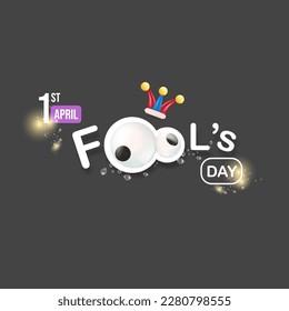 April fools day vector banner with funny clown hat and greeting text isolated on grey background. April fools day label, sticker and funky poster design template. Fools day logo and icon
