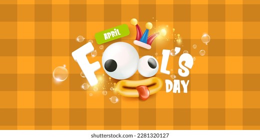 April fools day vector banner with funny clown hat and greeting text isolated on orange background. April fools day label, sticker and funky poster design template. Fools day logo and icon