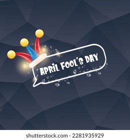 April Narren Tag Vektorbanner mit lustigem Clownhut und Grußtext einzeln auf grauem Hintergrund. Aprilscherzen Tagesmarke, Aufkleber und trendige Plakatdesign-Vorlage. Logo und Symbol für den Tag der Dämonen