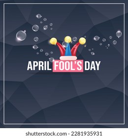 April fools day vector banner with funny clown hat and greeting text isolated on grey crystal background. April fools day label, sticker and funky poster design template. Fools day logo and icon