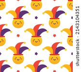 April Fools Day vector cartoon style seamless pattern background with cute smiling characters in jester hats and stars.