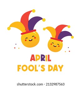 April Fools Day vector cartoon style illustration, card with cute laughing characters in jester hats.