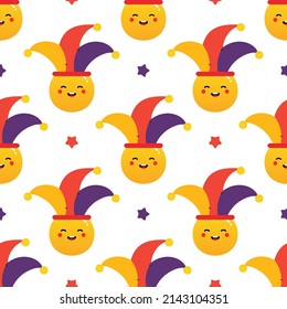 April Fools Day vector cartoon style seamless pattern background with cute smiling characters in jester hats and stars.