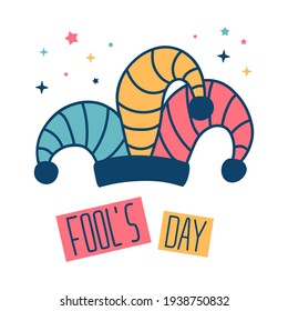 April Fools Day vector doodle card. Colorful illustration of jester's cap with text Fool's Day. Circus clown Harlequin hat isolated for design poster, flyer, card, banner, holiday party announcement