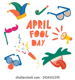 April fools day vector elements set. Jester hat, cracker, funny glasses, noses, moustaches, mouth with tongue icon over white background. Colorful and flat style design. 