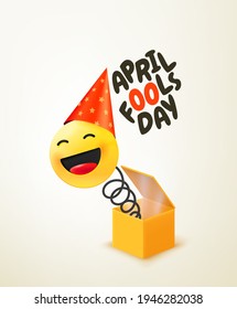 April fools day vector with gift box. Joke with laughing face
