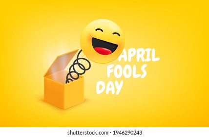 April Fools Day Vector With Gift Box. Joke With Laughing Face
