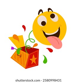 April Fool's Day vector illustration of a jester in a jack-in-the-box. Humor design with funny emoji for pranks and jokes. Ideal for stickers, greeting cards, party decorations