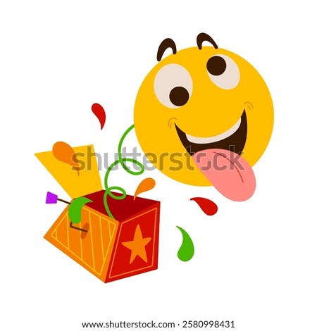 April Fool's Day vector illustration of a jester in a jack-in-the-box. Humor design with funny emoji for pranks and jokes. Ideal for stickers, greeting cards, party decorations
